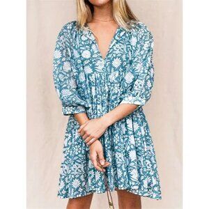 Boho Floral Print Dolman Sleeves Pleated Dress - Blue